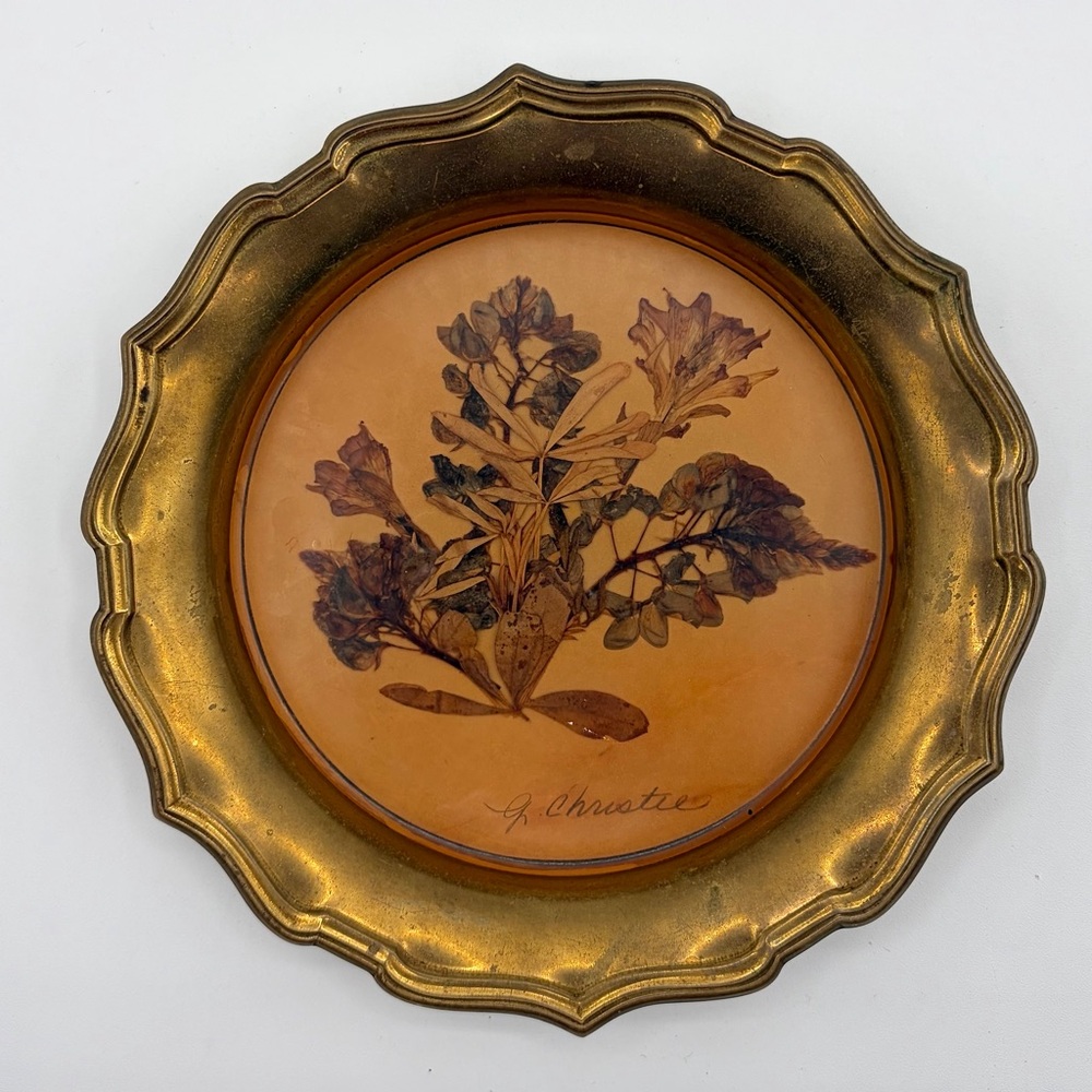Vintage MCM Brass Tray With Pressed Flower Art